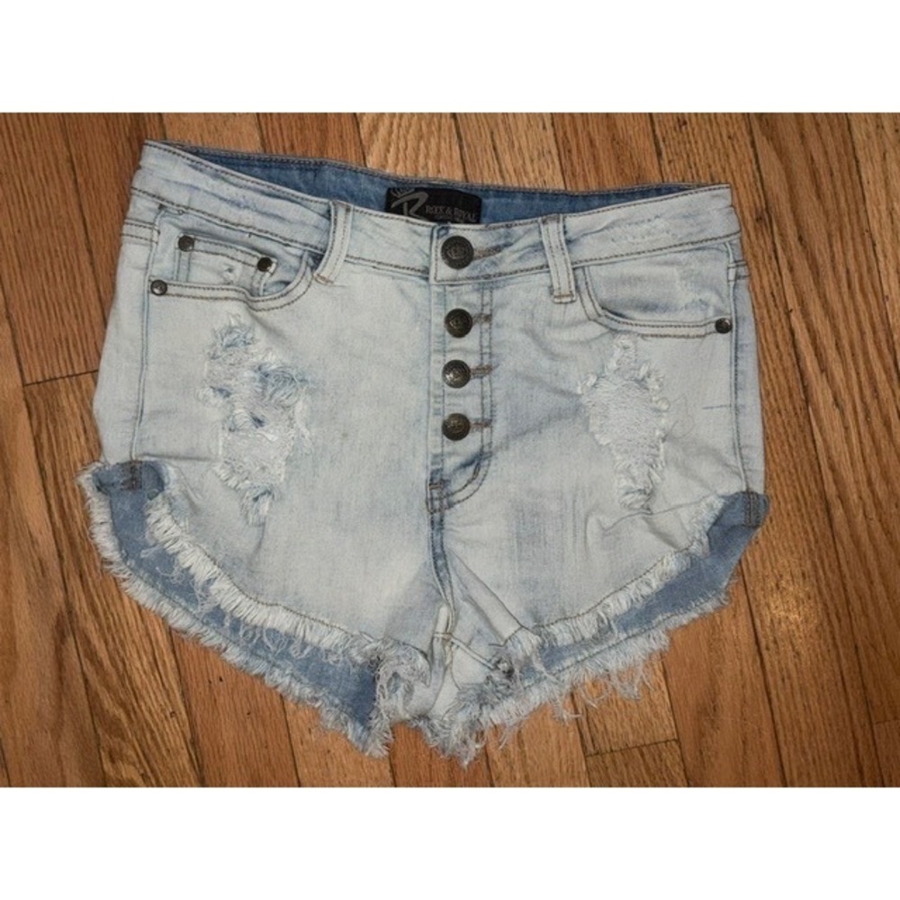 Rock & Royal Womens Distressed Denim Shorts High Rise‎ Button Fly S T44-33